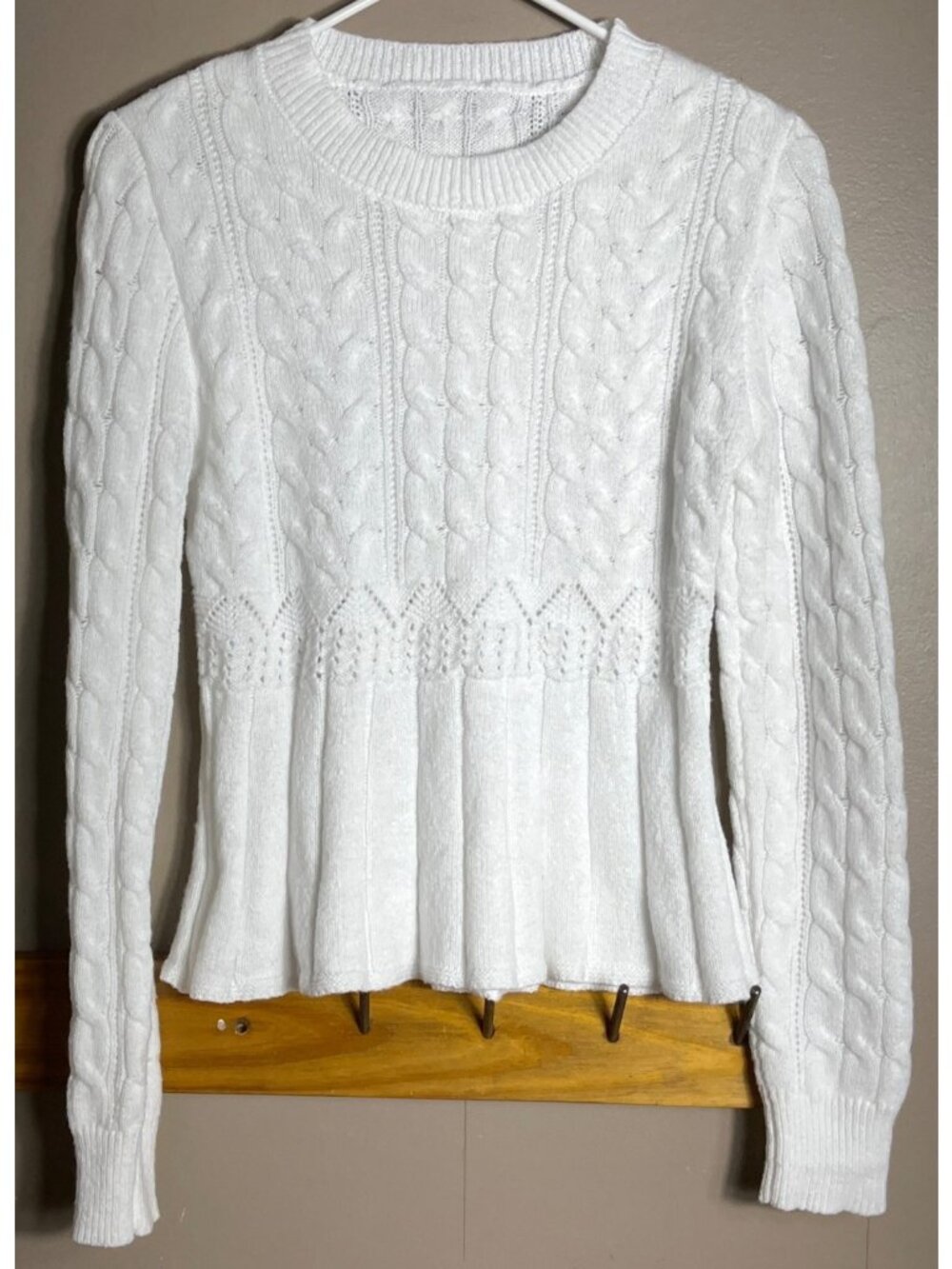 White Peplum Sweater Fairycore Coquette Cozy Dainty Pointelle Cables Crew Wom S
